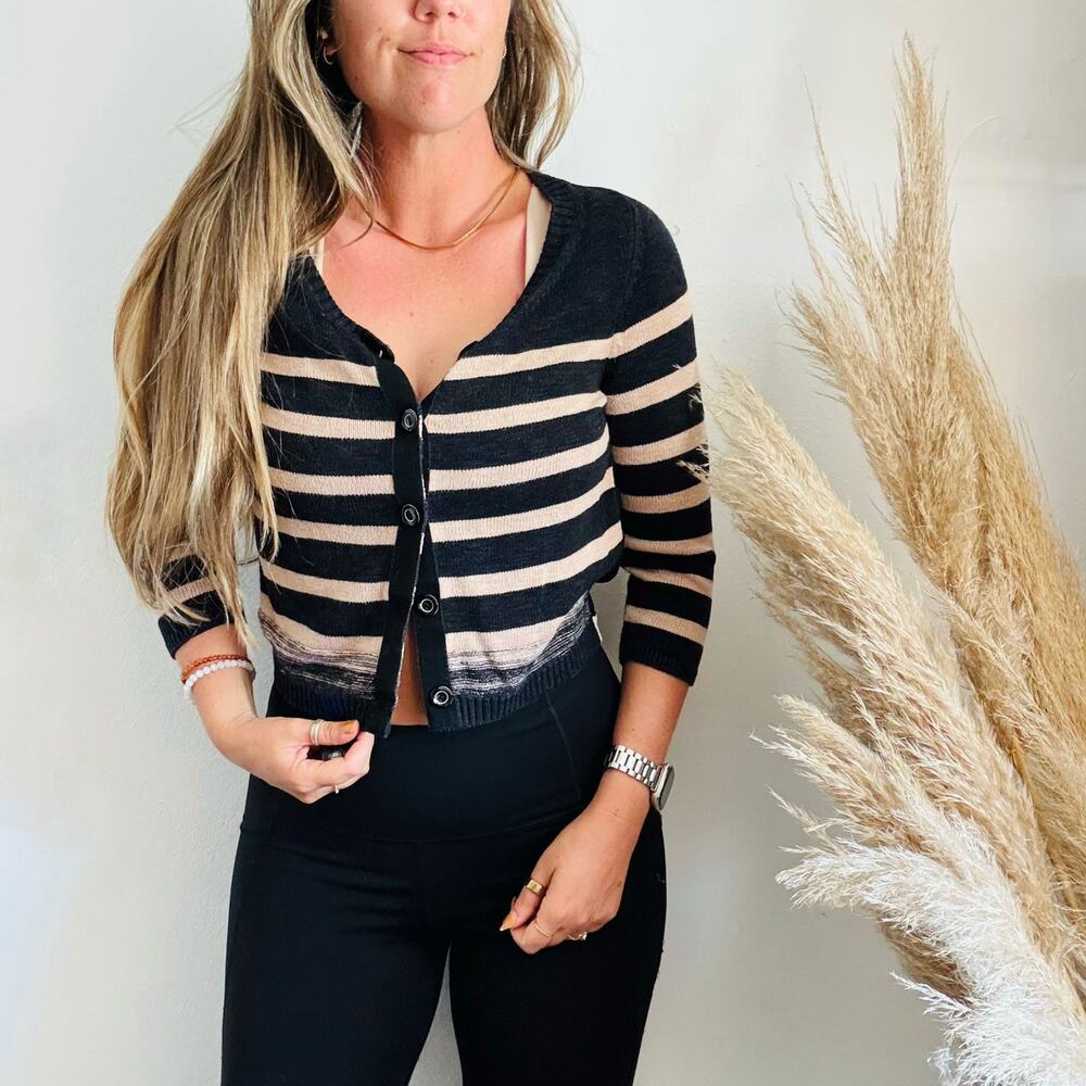 ANTHROPOLOGIE Moth $128 Black Tan Cream Stripe Mixed Material Cardigan Sweater S